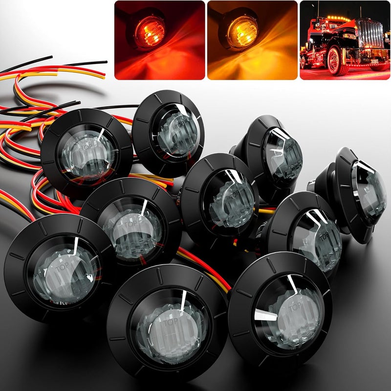 BJZ 3/4" Side Marker Trailer LED Lights Red-Amber Dual Color 4LED Round Clearance Brake Stop Turn Signal Tail Bullet Light 12V for Trailer Truck Van RV ATV Bus, 10Pcs w/Smoked Lens - Image 1